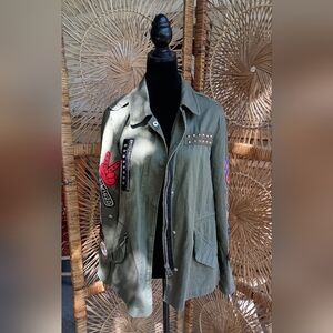 Pimkie Women's 100% Cotton Olive Green Patch Embellished Army Style Jacket_Small